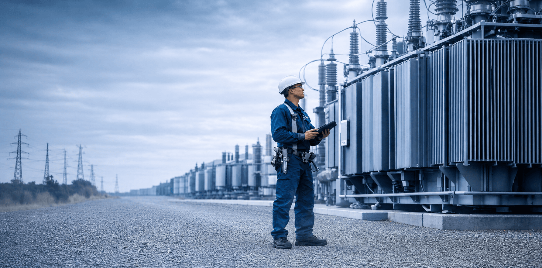 Utility engineer inspecting high-voltage transformer assets
